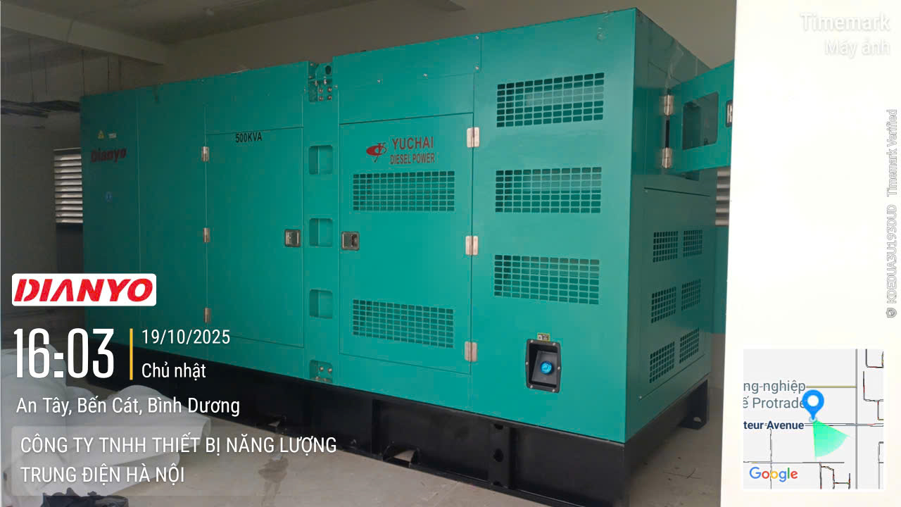 Dự án bàn giao máy phát điện Yuchai 500 kVA cho khu công nghiệp Bến Cát, Bình Dương. Trung Điện thi công trọn gói – vận hành ổn định, tiết kiệm nhiên liệu.