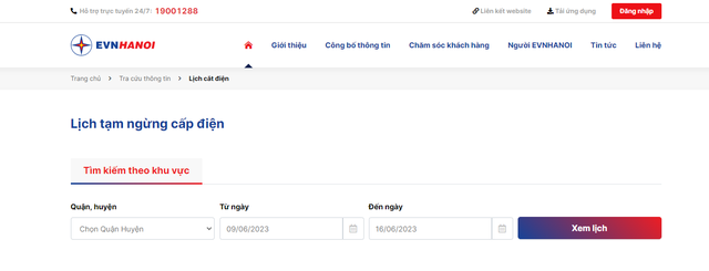 Tra cứu lịch cắt điện H&agrave; Nội tr&ecirc;n trang web EVNHANOI
